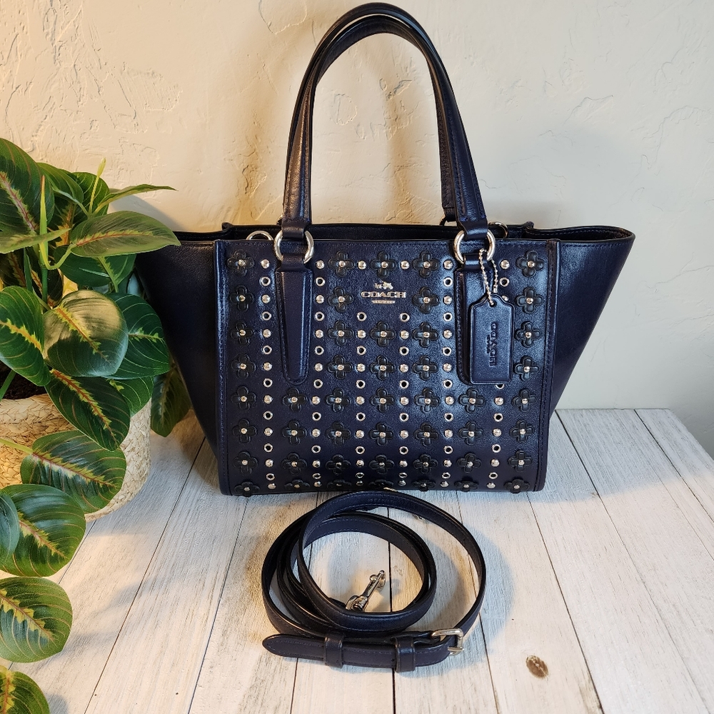 COACH Navy Mini Crosby Carryall Satchel Handbag w/Black Floral & Rivet Details - Picture 2 of 16